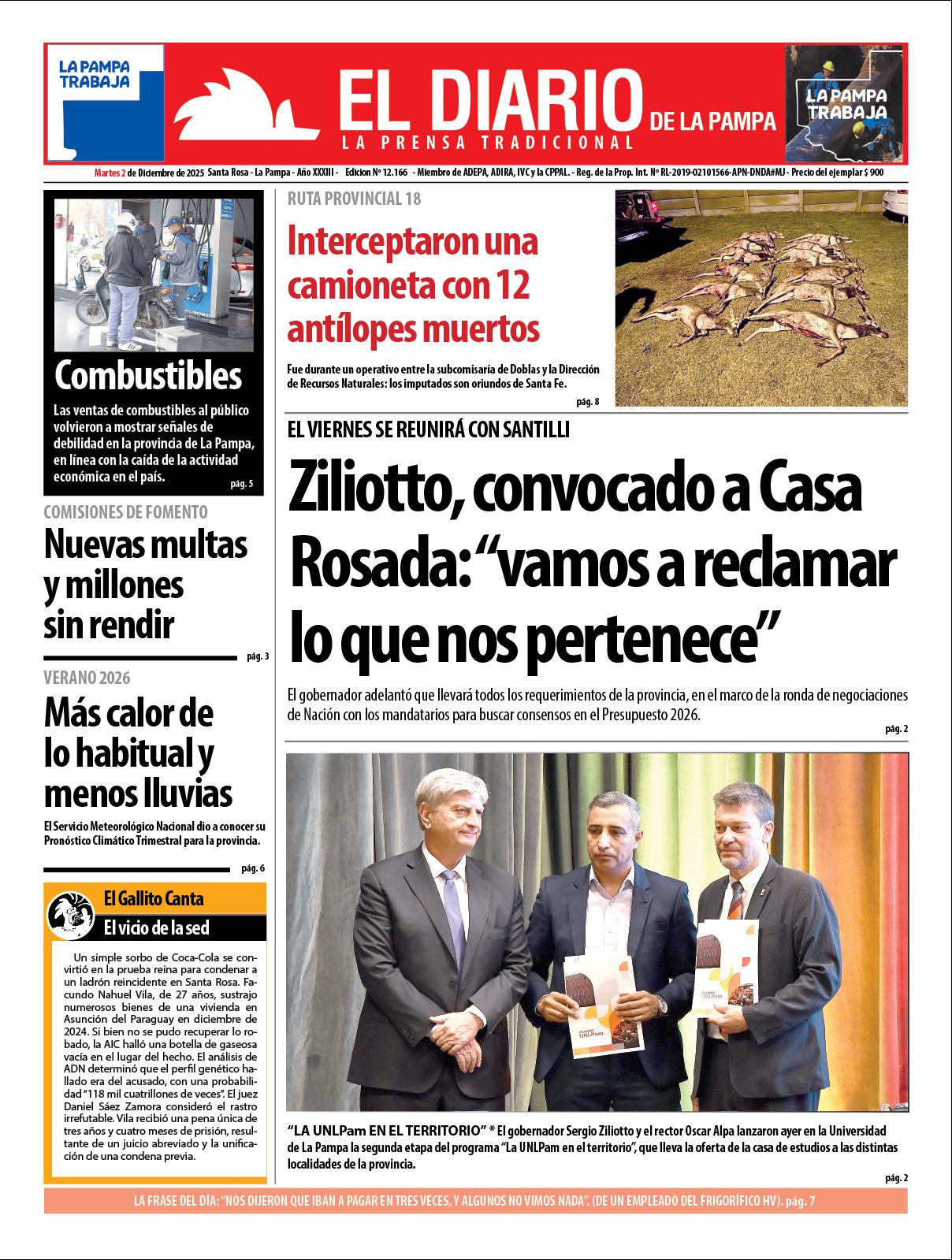 Tapa de El Diario en papel  martes 02 de diciembre de 2025